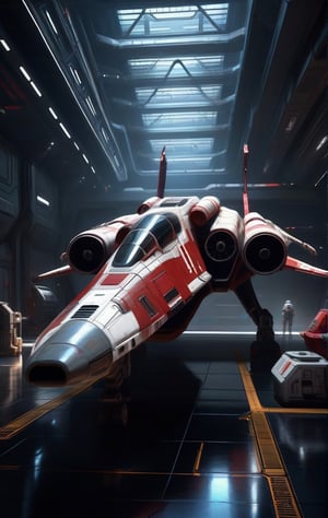 spaceship in a hangar with a red and white paint job, spaceship hangar, spaceship being repaired, starfighter, futuristic star wars vibe, parked spaceships, star citizen digital art, retro sci-fi spaceship, futuristic spaceship, detailed spaceship, bastien grivet, x wing starfighter, inspired by Chris Moore, landed spaceship in background, detailed sci-fi art