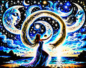 a woman in a dress standing on a beach with a crescent, moon goddess, goddess of the moon, the moon behind her, the moonlit dance of the fae, lunar goddess, celestial goddess, stunning moonlight and shadows, beautiful as the moon, fantasy beautiful, beautiful moonlight night, standing in moonlight, beautiful moonlight, ethereal beauty, beautiful art