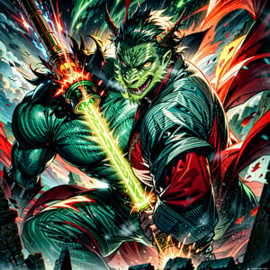 green giant Dragon face to face a hero with light saber,Ferocious,gargantuan,fhe eyes glow red,Glow effects,surrounded by cloud,ancient ruin, tomb