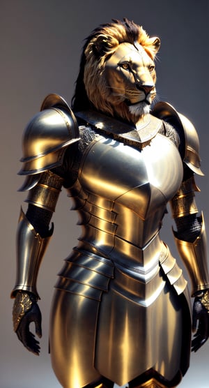 3D model, lion in front, armor intricate designs, metal plates, glowing gold, Surrealism, cinematic lighting, glowing light, reflection light, masterpiece, ccurate, anatomically correct, super detail, textured skin, high details, award winning, best quality, highres, 4K, 8k, 16k