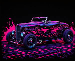 (masterpiece, best quality, ultra-detailed, 8K), 1932 Ford Roadster Hot Rod, street racing-inspired,Drifting inspired, LED, ((Twin headlights)), (((Bright neon color racing stripes))), (Black racing wheels), Wheelspin showing motion, Show car in motion, Burnout, wide body kit, modified car, racing livery, masterpiece, best quality, realistic, ultra highres, (((depth of field))), (full dual colour neon lights:1.2), (hard dual color lighting:1.4), (detailed background), (masterpiece:1.2), (ultra detailed), (best quality), intricate, comprehensive cinematic, magical photography, (gradients), glossy, Night with galaxy sky, Fast action style, fire out of tail pipes, Sideways drifting in to a turn, Neon galaxy metalic paint with race stripes, aesthetic,intricate, realistic,cinematic lighting, Neon Paint,bpGraffitiStyle