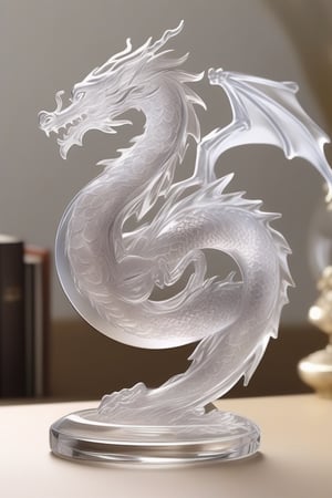Generate an image of a sophisticated glass art rendition featuring dragon. The intricately crafted figurine stands elegantly on a desk, capturing the essence of high-end craftsmanship.Clear Glass Skin,dragon-themed,dragonyear ,comic style