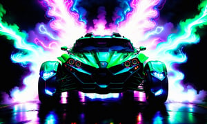 (((front view))), ultra relistic,  of a green ariel nomad  facing  viewer with headlights on, a light bar on the roof shining bright beams of white light ,  background of lightning and colorful smoke , ✏️🎨, 8k stunning artwork, vapor wave, neon smoke, hyper colorful, stunning art style, car with holographic paint, amazing wallpaper, futuristic art style, 8 k highly detailed ❤🔥 🔥 💀 🤖 🚀4k phone wallpaper, inspired by Mike Winkelmann, ,more detail XL,Leonardo,Leonardo Style