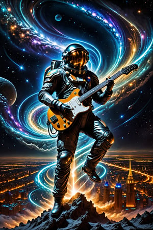 In the depths of space, a shimmering, shadowed figure playing an electric guitar with eyes like distant stars stands amidst swirling cosmic dust. City background buildings. The image is a hyper-realistic digital painting, capturing every glint of light and shadow in exquisite detail. The subject is a mysterious, otherworldly traveler in a sleek, midnight-hued spacesuit, adorned with intricate, ethereal designs. Their presence exudes an air of enigmatic elegance and boundless adventure, drawing viewers into a captivating tale of intergalactic exploration.