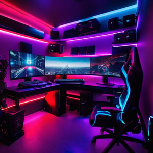 (((NO PEOPLE!!!))) pc hacker room with a huge PC setup on a  big black and red desk with 8 large computer screens built in and computers on shelves , a dimly lit gaming room with multiple monitors and a gaming chair, gaming room, cyberpunk setting, dark setup, gamer themed, gaming room in 2 0 4 0, gamer aesthetic, gamer screen on metallic desk, 8 k wide shot, in a cyberpunk themed room, thicc build, purple and cyan lighting, satisfying cable management, cyberpunk vibe, Controle room style, wide angle view, modern, high detail, backlighting, glowing light, cinematic lighting, depth of field, first-person view, Ultra-Wide Angle, masterpiece, ccurate, anatomically correct, super detail, award winning, highres, 4K, 8k,More Detail,Futuristic room