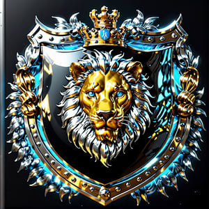 high detail, high quality, 8K Ultra HD, high quality, 8K Ultra HD, ln Family crest style, A neon mad golden lion face on a shield in silver and black highlights, background solid Black, glass shiny style