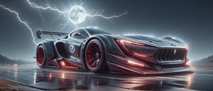 Ultra wide photorealistic image. Image created for the calendar. A luxury sports car., chrometech, red and black mecha, futuristic Race car with wide body kit and raceing strip race livery, Street racing other cars like it, White Pearlesent paint with sparkeling metal flakes, car racing down moutain roads at night in the rain, Lightning stars large Moon with a red tint, Surrealism, Realism, Hyperrealism, sparkle, cinematic lighting, reflection light, ray tracing, speed lines, motion lines, first-person view, Ultra-Wide Angle, Sony FE, depth of field, masterpiece, ccurate, textured skin, super detail, high details, best quality, award winning, highres, 4K, 8k, 16k,H effect