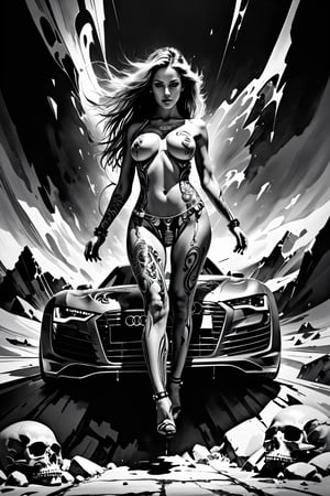 Ultra wide photorealistic image, custom design, graffiti, racing serial number, fast stripes, full  Audi A8 futuristic tuning car, highway, skull outline. Realistic sexy naked girl with giant breasts and perfect naked figure. Giant cybernetic abstract, rocky path, black and grey to white gray, ink flow - 8k photorealistic masterpiece - by Aaron Horkey and Jeremy Mann - detail. liquid gouache: Jean Baptiste Mongue: calligraphy: acrylic: color watercolor, cinematic lighting, maximalist photo illustration: marton Bobzert: 8k concept art, intricately detailed realism, complex, elegant, vast, fantastic and psychedelic, dripping with color, sci-fi, photo r3al,cyborg style,Extremely Realistic,orgasmface,painted world