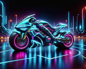 futuristic 2023 Suzuki GSX R 1100R motorcycle on a city street at night with neon lights, futuristic suzuki, futuristic motorcycle, riding a futuristic motorcycle, sitting on cyberpunk motorbike, tron, motorcycle concept art, cycle render, colors of tron legacy, daniel maidman octane rendering, futuristic vehicles, concept design art octane render, anime art vehicle concept art, cyberpunk futuristic neon, cycles 3 d render, futuristic vehicle,nlgtstyle,chrometech