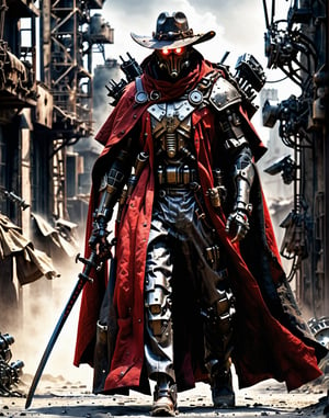  realistic, concept art , 1man, solo, post apocalypse outfit, red cape blowing in the wind, cowboy hat, robot arm, trench coat, mechanical mask, glowing chest, glowing eyes, holding katana,