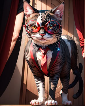  (((Mad Cat with black hair with red highlights wearing bright red round glasses in Black suit and red tie))), in a strict suit, Dark suit, epic and classy portrait, highly detailed exquisite fanart, Official Character Art, well - dressed, dignified aristocrat, official character illustration, in his suit, Trending on ArtStation pixiv, high detailed official artwork, elegant cat , Angry face, Full body view, Front view,