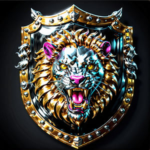 high detail, high quality, 8K Ultra HD, high quality, 8K Ultra HD, ln Family crest style, A neon mad golden lion face with  Sharp teeth in it's open mouth on a shield in silver and black highlights, background solid Black, glass shiny style