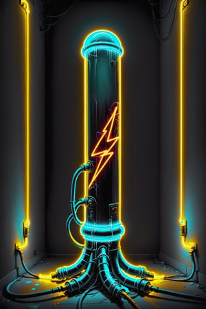 neon street art electricity industries vacume tube with glowing gold light, elements lightning gold light  neon vivid colors, SelectiveColorStyle