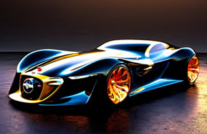 Futuristic hyper-car/supercar design based upon floral curves and futuristic spaceship design, 1940's car racing design, diamond cut wheels, stary night, bar lighting, conch shells swirls and black iridescent sheen, swirl, twirl, curl, the rule of thirds, golden ration 1.618, 3, 6 and 9 the Secret of the Universe, black, low and lean, very long, very low to the ground, modernized aero dynamics, future power engine design, full sideview including background scene and car, dark fantasy sci-fi rain swept background, professional automotive photography, highly detailed, hyperdetailed, Caravaggio,