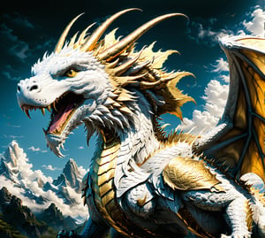 High definition photorealistic render of an incredible and  mythical giant  white and gold dragon,