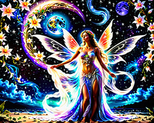 a woman standing on a beach with a full moon in the background, lady with glowing flowers dress, beautiful gorgeous digital art, beautiful digital art, fantasy beautiful, moon goddess, flower goddess, gorgeous digital art, very beautiful digital art, beautiful fairy, ethereal beauty, celestial goddess, digital art picture, beautiful digital artwork, beautiful!!! digital art, beautiful fairie,