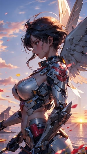 (4k), (masterpiece), (best quality), (sharp focus), (award winning), (cinematic lighting), (extremely detailed), (epic), beautiful Valkyrie girl, Valkyrie can fly in the sky, very short hair, black hair, bright brown eyes, holding a magical valkyrie sword, big giant angel wings, gigantic breasts, cleavage, Valkyrie fly in blue sky, Valkyrie battle against F-22 in the sky, dynamic_pose, long-distance view, side view, fantasy00d, beams light effect, symmetrical, mecha, F-22, ,sunset_scenery_background