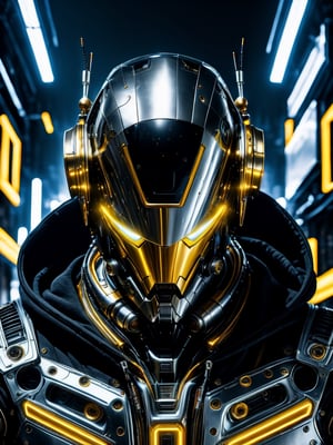 (RAW photo, best quality), (realistic, photo-Realistic),the body of a man being simulated in Black silver and gold high-tech hood and body, Eyes open and res and yellow neon eyes, in the style of cyberpunk imagery, mechanical designs, algorithmic artistry, 32k uhd, chrome-plated, enigmatic,Movie Still,cyberpunk style,ROBOT