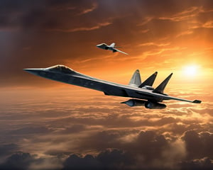 realistic, a fighter jet flying in the sky just feet above a thick cloud cover below the the jet, sun behind in the background bathing everying in the suns color yellow and orange glow, Stelth v wing lockheed concept art, 5th gen fighter, b - 2 bomber, boeing concept art, top secret space plane, us airforce, fighter drones, military drone, by Jason Felix, roswell air base, boeing concept art painting, nasa, by Robert Peak, by John Luke, in the near future, Movie Still, masterpiece, super detail, best quality, award winning, highres, 4K, 8k, 16k