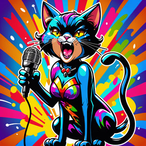 "Mad Cat" the graffiti style of cute cat woman is singing with a microphone in her hand, ((bold colorful, rich colors,high detailed, masterpiece,natural lighting,less Shadow,high quality, graffiti style)),LOGO
