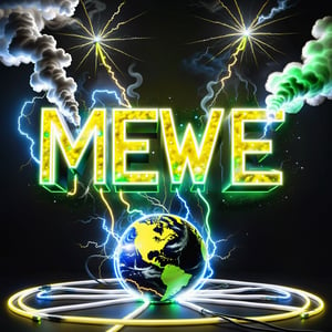 Text that reads "MeWE.com " in yellow, black,metallic,white, green, neon, sparkles,smoke,planet
,composed of elements of thunder锛宼hunder锛宔lectricity