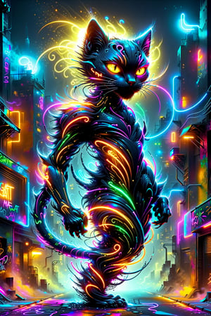  graffiti neon street art A sleek, futuristic human black Mad Cat, with glowing cybernetic enhancements prowls through a golden neon-lit cityscape  neon vivid colors, SelectiveColorStyle,DonM3l3m3nt4lXL