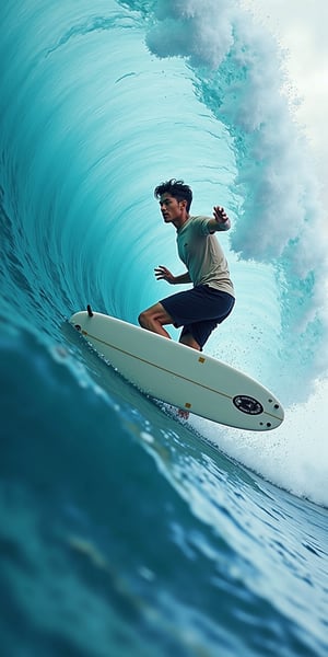  (((ultra photo REALISTIC))), sharp focus, extreme detail description, professional, vivid colors, bold color palette, photorealism, a man is surfing on a white surfboard with a black emblem on the front. He is wearing a short-sleeved shirt and black shorts. His hair is short and dark. His arms are spread out to his sides, and his legs are bent at the knees. The surfboard is positioned in front of a large wave, which is cresting the right side of the image. The wave is a deep blue, with a white foam at the top of the wave. The sky is a light blue, dotted with white clouds. In stunning 16K UHD resolution, this masterpiece showcases unparalleled quality, accuracy, and attention to detail, extremely high quality RAW photograph, detailed background, intricate, Exquisite details and textures, highly detailed, ultra detailed photograph, warm lighting, sharp focus, high resolution, Hyperrealism, masterpiece, accurate, super detail, best quality, award winning, highres, 16k 8k uhd, dslr, high quality,