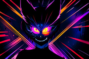 Mad Cat, 1boy ,solo male, cat ears, animal ears, Black with red highlights hair, Short hair, yellow glowing eyes, Mad face, crazy smile,(abstract art:1.3,psychedelia theme:1.2),edgGesugao