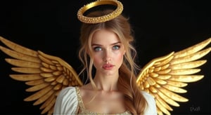 a mix of 80s game box-cover and Vibrant fantasy, a medium-angle shot of a female angel, adorned with golden wings and a golden crown. The angel's head is adorned with a golden ring, adding a touch of sparkle to her outfit. Her eyes are a piercing blue, while her lips are a darker shade of pink. Her hair is cascading in a ponytail, framing her face. Her wings are spread out behind her, adding depth to the composition. The background is a stark black, creating a stark contrast to the angel's outfit.