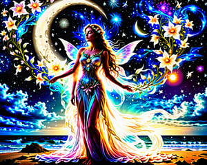 a woman standing on a beach with a full moon in the background, lady with glowing flowers dress, beautiful gorgeous digital art, beautiful digital art, fantasy beautiful, moon goddess, flower goddess, gorgeous digital art, very beautiful digital art, beautiful fairy, ethereal beauty, celestial goddess, digital art picture, beautiful digital artwork, beautiful!!! digital art, beautiful fairie