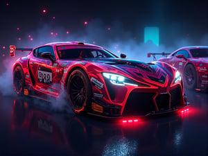 vivid colors, bold color palette,, A neon image displaying , sharp, detailed car body ,ethereal art, detailed tires, fire scene, (masterpiece, best quality, ultra-detailed, 8K), race car, street racing-inspired, Drifting inspired, LED, ((Twin headlights)), (((Bright neon color racing stripes))), (Black racing wheels), Wheel spin showing motion, Show car in motion, Burnout, wide body kit, modified car, racing livery, masterpiece, best quality, realistic, ultra high res, (((depth of field))), (full dual color neon lights:1.2), (hard dual color lighting:1.4), (detailed background), (masterpiece:1.2), (ultra detailed), (best quality), intricate, comprehensive cinematic, magical photography, (gradients), glossy, Fast action style,, Sideways drifting in to a turns, Neon galaxy metalic paint with race stripes,cyberpunk style,Super Sport Car,High dynamic range style,Mecha,Esmeralda