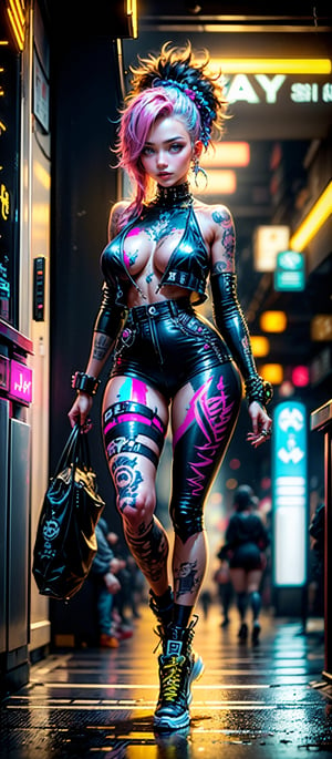 (((Fullbody view))), (best quality,4k,8k,highres,masterpiece:1.2),ultra-detailed,(realistic,photorealistic,photo-realistic:1.37),90s vibe,cyberpunk,futuristic neon lights,pink and blue pastel colors,stylishly dressed girl with punk elements,dynamic composition,Kim Bassin-inspired character design,Retro 80s film poster art style,nostalgic atmosphere,innovative technology,aesthetic graffiti in the background,sleek and shiny surfaces,cityscape with towering skyscrapers,hovering vehicles,futuristic gadgets and holograms,action-packed scene,fashion-forward hairstyle and accessories,glowing tattoos and piercings,electric energy and sparks,urban underground culture,positive and empowering energy,unique and captivating visual narrative,synchronized dance moves with pulsating music,stylish typography and design elements