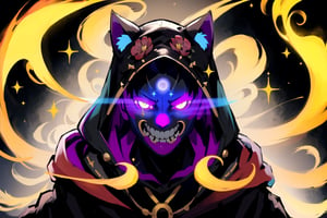 Text Mad Cat, (((1boy))) , ((solo male)), cat ears, animal ears, Black with red highlights hair, yellow glowing eyes, Mad face, crazy smile, epic,8k,fantasy,ultra detailed,Magic,((hood)),(hoodie),casting spell,blackhole,menancing,((glowing eyes)),((glowing)),((Bloom)),magnificent,Masterpiece, best quality, standing,cat man , evil, evil grin, apocalypse, destruction,e nd of the world, crazy eyes, Crazy, psychotic, superior, Manly,(sadistic),((demoniac)), ,wrenchsmechs,Female,Portrait