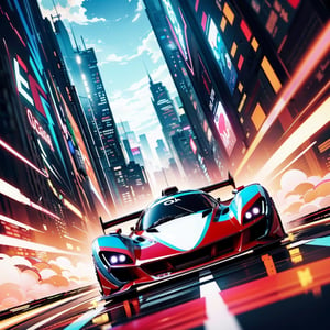 masterpiece, best quality, 4K, A stylish red racing car speeds around the track, Leave a trail of light, dark background,Contains numbers and lines representing speed or data transfer, Jet-like oil painting effect,Provide artistic style. High-tech race car with futuristic design, Smooth and dynamic lines, Race on a spacious track,The streamlined body and cool black color are eye-catching. Cityscape background with skyscrapers and bustling scenery, Forming a picture full of modernity and technology. The racing car is placed at the bottom of the frame, The cityscape fills the rest of the frame