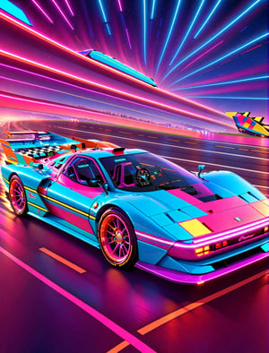 Get Ready to Shift into High Gear! 'Race On' Video Game Cover Art: A Retro Arcade Machine's Masterpiece. A neon-lit, pixel-perfect retro arcade machine hums with excitement as sleek race cars zoom past the finish line and the checkered flag waves triumphantly. The 80s-retro wave artwork pulses with energy, transporting you to an era of outrun and computer game art mastery.,c_car,H effect,Concept Cars