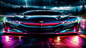 Race cars in a high speed street race (best quality,4k,8k,highres,masterpiece:1.2),ultra-detailed, ((a customized car)), ((street racer)), ((a beautiful paintjob)), ((fully detailed)), illustration, vivid colors, GTR, NSX,  Drifting, going fast, night, bright yellow headlights,setting USA Oregon's Mountain roads, No text on signs, Late night time, Set in a rain storm with lightning,1 car.,Nature, model shoot style, Fast action style, Sideways drifting in to a turn, Red and black cars, ,Movie Still,H effect,Car,sports car