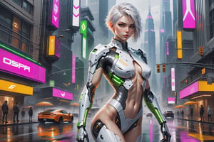 masterpiece
(best quality)
(((realistic)))
((photorealistic))
(ultra-detailed)
(detailed light)
(beautiful intricate eyes)
(beautiful face:1.3)
full body
beautiful woman
25 years old
short white hair
athletic physique
small breasts
wide hips
(thick thighs)
white cyborg arms and legs
pink and green highlights
rainy city street
cyborg style
cyberpunk style
detailmaster2