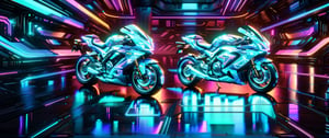 A holographic display of a side view of  brightly lit motorcycle rider in neon neons on a dark background, cyberpunk art style, sitting on cyberpunk motorbike, (with glowing tires), kilian eng vibrant colors, in style of digital illustration, kilian eng vibrant colours, neon cyberpunk, neon digital art, masterpiece epic retrowave art, epic retrowave art, cyberpunk futuristic neon, neon cyberpunk vibrant colors, retrowave epic art