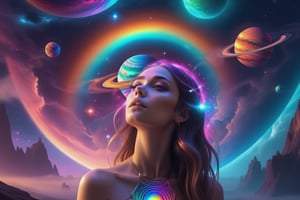psychedelic, fantasy space, multiple planets, fantasy galaxy, 1girl, psychedelic goddess, rainbow lighting, magical, masterpiece, high quality, 4k,