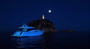 (((ultra photo REALISTIC))), sharp focus, extreme detail description, professional, vivid colors, bold color palette, photorealism, Captured at night, a medium-sized white yacht floats along a dark body of water. The yacht is adorned with a vibrant blue hue, adding a pop of color to the scene. The boat is positioned in front of a rocky cliff, with a lighthouse on the top of the cliff. The sky is a deep blue, and the moon is visible in the upper left corner of the image,   a true masterpiece of digital art. beautiful digital art, beautiful digital illustration, beautiful gorgeous digital art, gorgeous digital painting, cgsociety portrait, amazing digital art. In stunning 16K UHD resolution, this masterpiece showcases unparalleled quality, accuracy, and attention to detail, extremely high quality RAW photograph, detailed background, intricate, Exquisite details and textures, highly detailed, ultra detailed photograph, warm lighting, sharp focus, high resolution, Hyperrealism, masterpiece, accurate, super detail, best quality, award winning, highres, 16k 8k uhd, dslr, high quality,Enhanced all,hourglass body shape, ,background