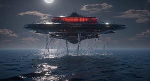 (((ultra photo REALISTIC))), sharp focus, extreme detail description, professional, vivid colors, bold color palette, photorealism, A alien space ship shaped like a disk lifts up out of the ocean water seen in the middle of the frame the space ship is half in the water half out of the water. The ship is a dark shiny gray and water falls off the top of the space ship and falls back into the water, there is a red round orb the shines neon red light in the center of it, creating a striking contrast against the dark gray sky. The water below the ship is blue, with moonlight reflecting on ripples and waves in the foreground. The moon is shining on the ship, adding a touch of color to the scene,  a true masterpiece of digital art. beautiful digital art, beautiful digital illustration, beautiful gorgeous digital art, gorgeous digital painting, cgsociety portrait, amazing digital art. In stunning 16K UHD resolution, this masterpiece showcases unparalleled quality, accuracy, and attention to detail, extremely high quality RAW photograph, detailed background, intricate, Exquisite details and textures, highly detailed, ultra detailed photograph, warm lighting, sharp focus, high resolution, Hyperrealism, masterpiece, accurate, super detail, best quality, award winning, highres, 16k 8k uhd, dslr, high quality,Enhanced all,Neon,Mecha