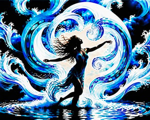 score_9, score_8_up, (solo) pool of water, water rings, (one dancing woman silhouette floating far in the waves with both her arm raised:1.3), absurdly long hair flowing along the waves, engulfed by water, blue sky, white clouds in circles, (dynamic pose) abstract, (blue shades), (azure tones), easynegative, water particles, particles