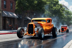 two hot rods racing down the street, 32k, masterpiece, photorealistic, photography