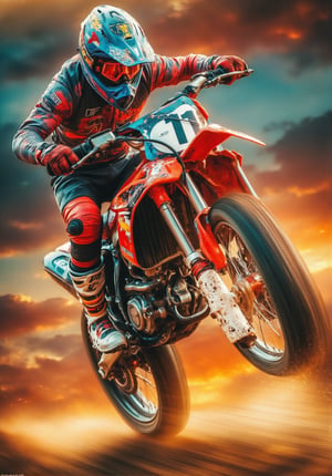 The image is a digital illustration or artwork that captures a moment of action and adventure. It features a motocross rider mid-jump, emphasizing the sport's dynamic nature. The rider's attire and the bike are detailed, suggesting a focus on realism in this stylized representation. The background landscape adds to the sense of motion and environment, likely chosen to enhance the dramatic effect of the scene. The colors are vibrant, with a warm color palette that could imply a setting sun or a stylized evening sky. Overall, the image seems to convey a sense of thrill and freedom associated with off-road motorcycling, retina, accurate, masterpiece, super detail, high details, best quality, award winning, highres, HD, 4K, 8k, 16k, retina, accurate, masterpiece, anatomically correct, textured skin, super detail, high quality, award winning, highres, 8k, 16k,High Speed,Hyperspeed,High dynamic range style,noc-landscape,magical sky