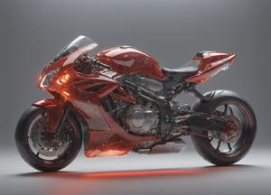 Masterpiece, ultra-definition, super detailed, perfect drawing, 1  transparent SPORT race motocycle with headlight on white lights , Colored red, silver and black carbonfiber, Industrial design, clean, Luminous neon lit,  red background, Surrealism, UHD, high details, best quality, 2K