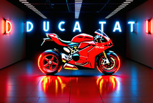 Text that reads "Ducati" in neon red flames, 