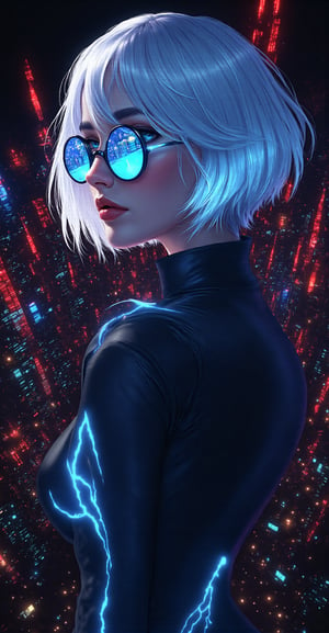 Create a hyper-realistic, cyberpunk-inspired portrait of a mysterious, futuristic woman with a contemplative expression. She has short, white hair with an icy, metallic sheen, and she wears dark round glasses reflecting a vivid, electric-blue light. Her face is partially illuminated by neon lightning arcs, which crackle and blend with holographic effects, casting a dynamic glow. The background features a dense, futuristic cityscape with towering skyscrapers, illuminated by red and blue neon lights and streaks of light from fast-moving vehicles. The cityscape is mirrored on her glasses, and the whole scene has an ethereal, electrified ambiance, with deep shadows contrasting with vibrant highlights. Her attire is sleek and modern, in dark tones with a hint of metallic texture, matching the futuristic, high-tech theme. The mood is intense, mysterious, and evokes a sense of a dystopian, high-tech world.,illustration,cartoon,anime,manga,drawing,aidmaMJ6.1