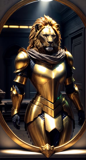 3D model, lion with full golden main in front, armor intricate designs, metal plates, glowing gold, Surrealism, cinematic lighting, glowing light, reflection light, masterpiece, ccurate, anatomically correct, super detail, textured skin, high details, award winning, best quality, highres, 4K, 8k, 16k,bismuth4rmor