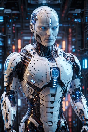 Image features a detailed illustration of a futuristic, humanoid robot with a sleek, aerodynamic design. The robot is primarily white with blue and red accents, and it has a robust, armored appearance. The main figure is shown in a standing position, with large, articulated limbs and a helmet-like head. The robot's design includes various mechanical details such as joints, panels, and vents. fullbody shot, soft textures, imaginative artwork, vibrant background, bokeh, three dimensional effect, 3d render, octane render, mix of bold dark lines and loose lines, Isometric, awesome full color, ultra detailed face, Candid photographs, {{rule of third}}, cinematic, light film, hyper detailed, hyper realistic, masterpiece, atmospheric, high resolution, 8k, HDR, 500px, long exposure:2.

