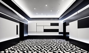 A wide-angle shot captures the modern empty room that screams fung shui in a modern way, ready to start fresh. The camera gazes upon the bold black and white checkerboard-patterned carpet, a striking focal point amidst the gray walls and soaring black ceiling. The room's dimensions are notable: the larger back wall contrasts with the smaller side walls, while the flat floor stretches wall-to-wall, covered in the striking black and white carpet, evoking a sense of new beginnings and possibilities.
